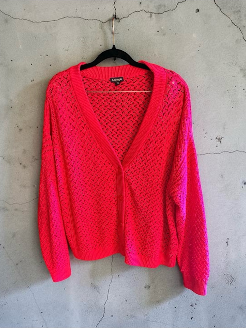Tahari Open-Knit V-Neck Cardigan - Pinkish Red.